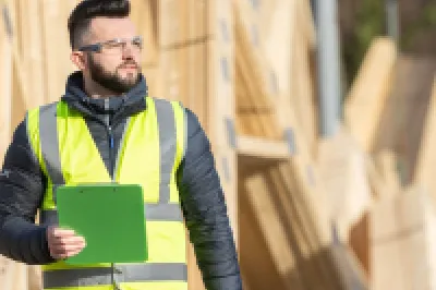 A male with protective goggles and a high-vis jacket carrying a clipboard passed piles of lumber. 