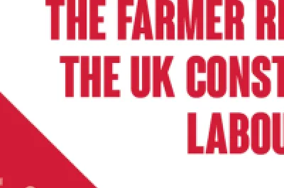 Cover image for the report titled "The Farmer Review of the UK Construction Labour Model," featuring red and yellow graphic elements.