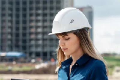 A female in a hard hat with a blue top reads a tablet on a construction site.