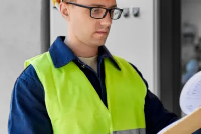 A male with a high vis vest, hard hat, and glasses reviews a chart on a clipboard.