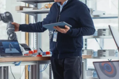 man displaying a robotic arm to a group of people in a classroom setting