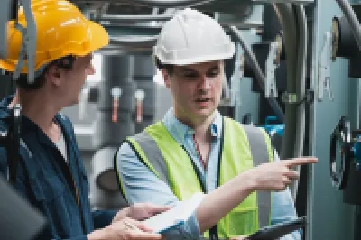 Two people in hard hats and work overalls, one holding a clipboard and the other holding a tablet, inspect machinery.