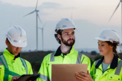 A group of people in high vis jackets and hard hats read from tablets standing in a field with wind turbines.