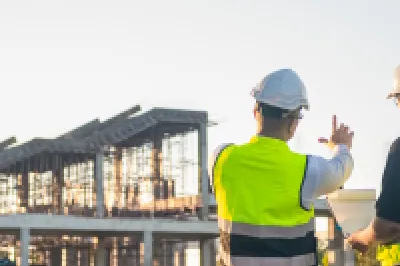 Two people in high-vis vests and hard hats standing at a construction site, looking at a building under development.