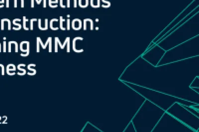 Dark blue graphic with turquoise line drawings of abstract buildings. White text reads: 'Modern Methods of Construction: Defining MMC Business