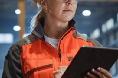 safety officer wearing a hard hat, safety glasses, and a high-visibility jacket, holding a tablet in an industrial warehouse.