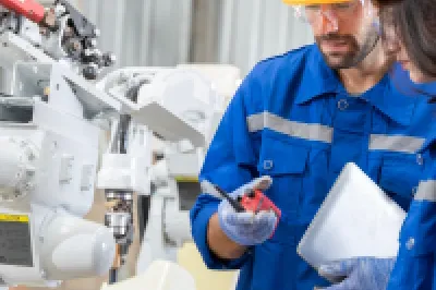 Two people wearing work clothes and yellow hard hats are standing next to a robot.