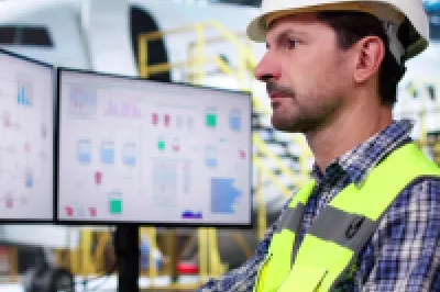 Man in safety vest and helmet monitoring construction plans on multiple computer screens.
