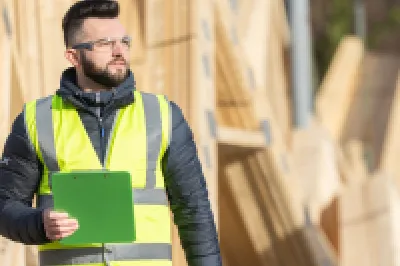 Construction worker wearing a high-visibility vest and holding a clipboard, standing in front of wooden roof trusses at an outdoor building site.