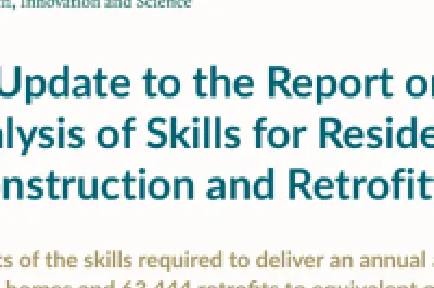 Cover page of an October 2024 report from the Department of Further and Higher Education, Research, Innovation and Science titled 'An Update to the Report on the Analysis of Skills for Residential Construction and Retrofitting'