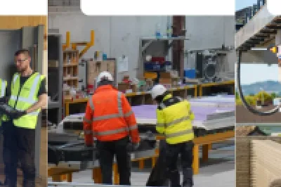 Three-panel collage showing: (left) a person monitoring a robotic welding arm in a workshop; (centre) workers in hi-vis jackets assembling modular frames indoors; (right) a 3D printing machine constructing concrete walls outdoors, with two people observing.