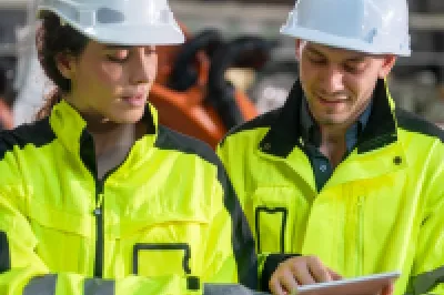 Two workers in high-visibility jackets and hard hats inspecting robotic equipment in a factory.