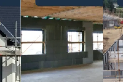 Three photos of buildings under construction. Left: house with scaffolding. Center: interior view with concrete walls and wooden beams. Right: large construction site with stacked wall panels and mountains in the background.