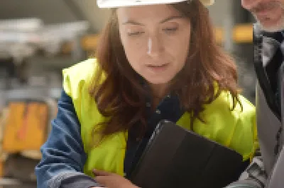 Two people wearing hard hats and safety vests reviewing documents at a worksite, with one person pointing at the papers.