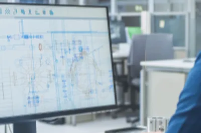 Person working at a desk with a computer monitor displaying technical engineering drawings,