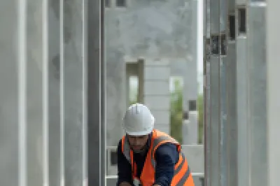 "Person wearing a hard hat and orange safety vest working with a measuring tool inside a series of concrete rectangular frames at a construction site.