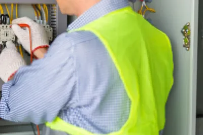 Person wearing a hard hat, high-visibility vest, and gloves using a multimeter to check electrical connections inside an open control panel.