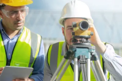 Two people wearing hard hats and reflective vests working at a construction site, with one person using a surveyor’s level on a tripod and the other holding a tablet.