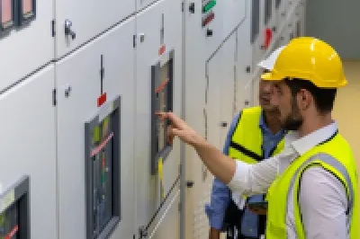 Two people wearing safety helmets and reflective vests inspecting and operating control panels inside an industrial facility.
