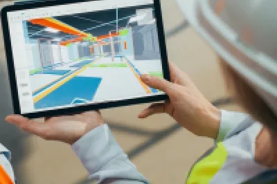 Two construction workers in hard hats review a BIM model of MEP services on a tablet at the jobsite.