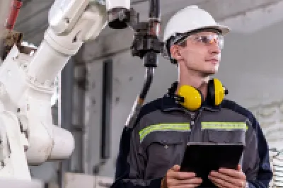 Person wearing a hard hat, safety glasses, and protective clothing with yellow ear protectors around their neck, holding a tablet while standing next to industrial robotic machinery.