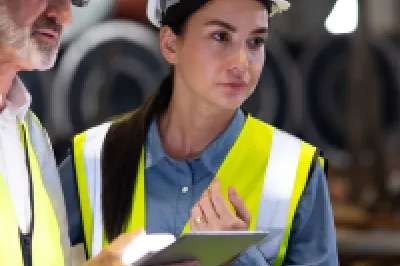 Two people wearing white hard hats and yellow reflective vests standing in an industrial setting, looking in the same direction while one holds a tablet.