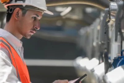 A construction worker wearing safety gear using a tablet near machinery.