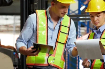 Warehouse workers in yellow hard hats discussing operations near blue storage racks.