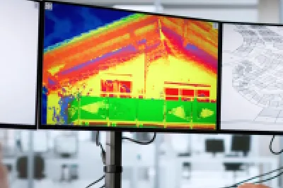 Two people looking at thermal imaging of a building on computer monitors.