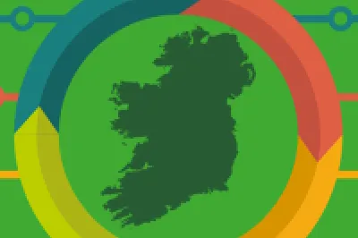 Illustration titled “Building a Circular Ireland – A Roadmap for a Resource Efficient Circular Built Environment,” featuring the map of Ireland within a multicoloured circular graphic, surrounded by icons of buildings, cranes, vehicles, wind turbines, and cyclists, symbolising sustainability and circular economy in construction.