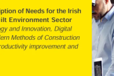 EY report cover titled “A Detailed Description of Needs for the Irish Construction/Built Environment Sector” with two people using digital devices at a desk.