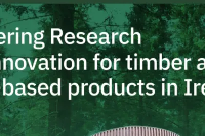 Logo promoting timber research and innovation in Ireland with green forest background.