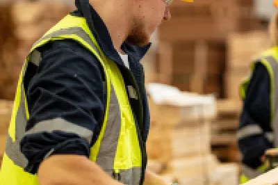 Construction workers in yellow hard hats and safety vests working with wooden materials in a workshop.