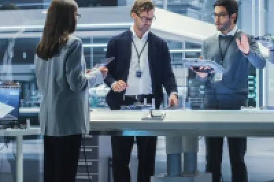 Professional team in modern laboratory environment with sleek workstations and glass walls.