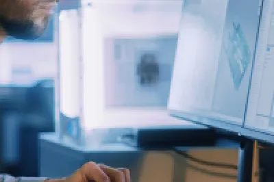 Construction worker with hard hat using multiple computer monitors in a dark room.