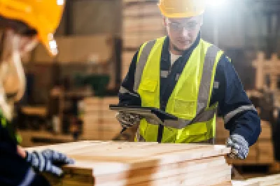 Worker in yellow hard hat and safety vest examining wooden planks in a warehouse setting.