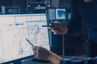 Two professionals analyzing data on computer screens in a dimly lit technical environment.