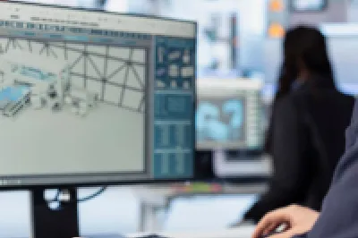 Professional in suit working at computer with financial data on screen in technical environment.