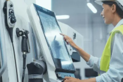 Factory worker in hard hat and safety vest operating industrial machinery in a manufacturing facility.