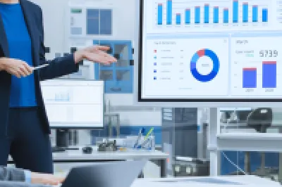 Person in blue jacket presenting data charts to colleagues in modern office meeting room.