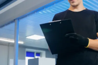 Person in black shirt working at a modern service counter with a digital device.