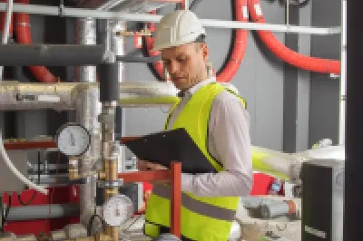Construction worker in safety vest and helmet working on pipes and valves in industrial setting.