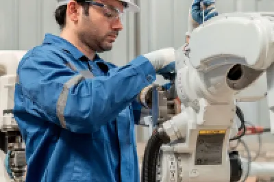 Person in blue jacket observing dairy cows in a farming facility.