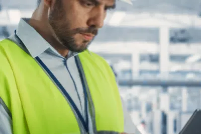 Worker in hard hat and safety vest using laptop in industrial facility.