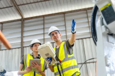 Factory workers in yellow safety vests and hardhats examining industrial robotic equipment in a warehouse.