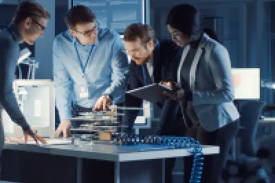 A team of professionals collaborating around digital screens in a dark office environment.