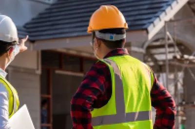 Two construction workers in hard hats and safety vests observing a residential building under construction.