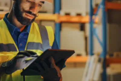 Warehouse worker in yellow safety vest using digital tablet among shelving units.