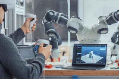 Person wearing VR headset interacting with robotic arm in a laboratory setting.