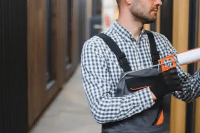 Building inspector in hard hat and overalls checking a hallway with clipboard.